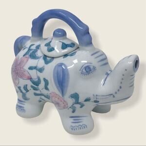 Hand Painted Vintage  Teapot Elephant Blue & Pink Porcelain